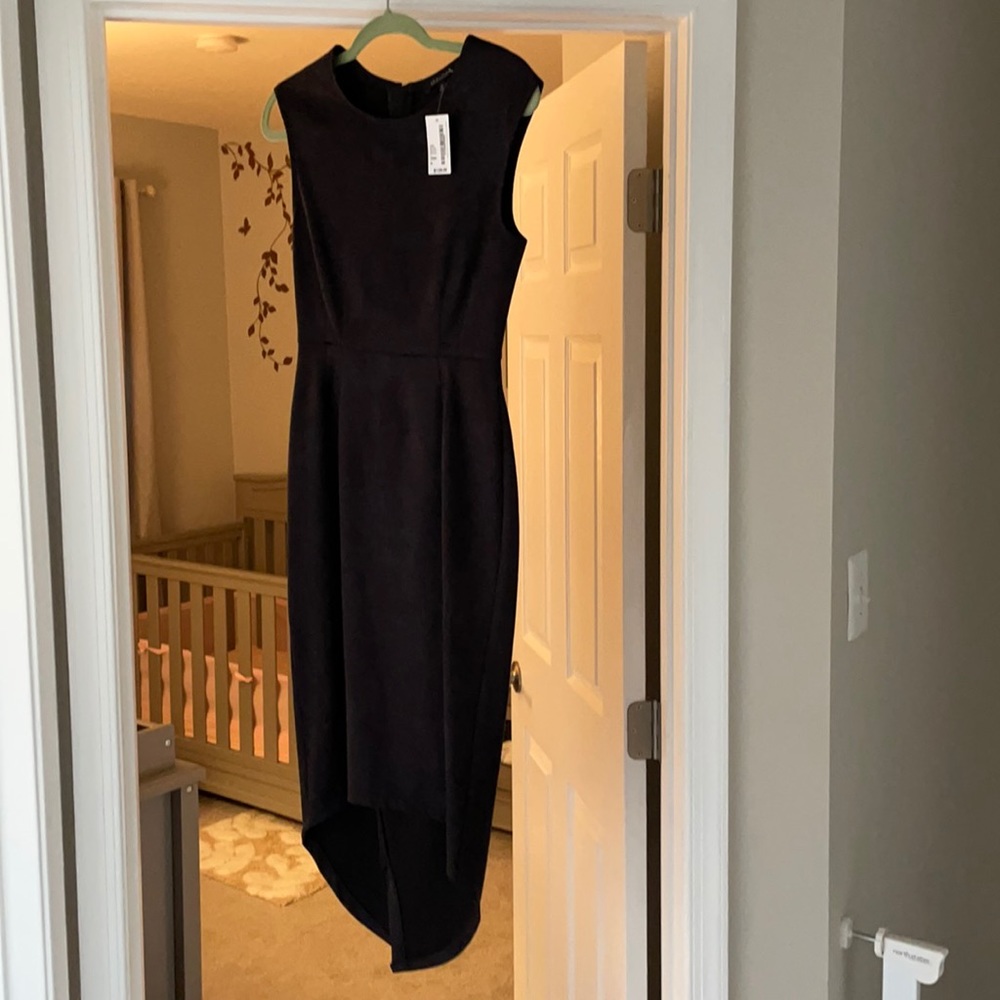 SLEEK Abbeline faux black suede high low midi sheath dress